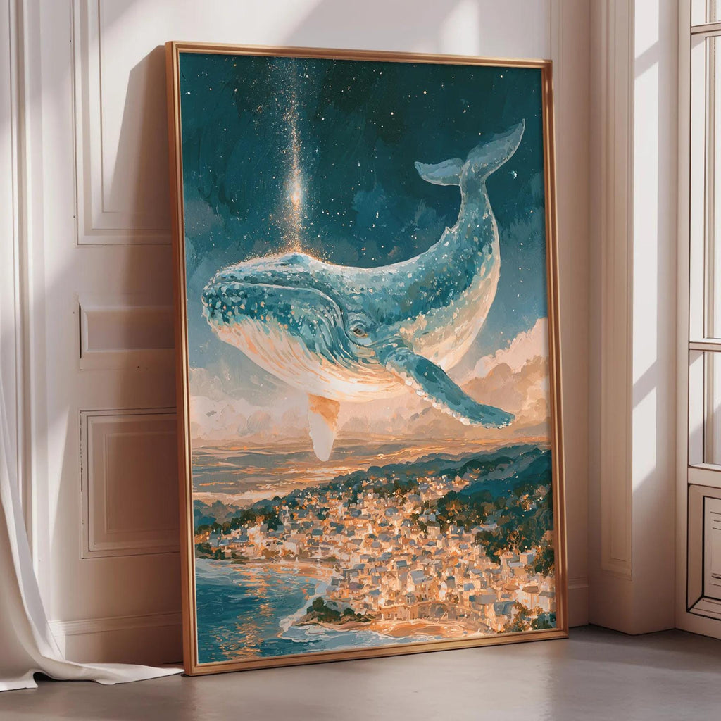 a large, colorful painting of a whale flying over a cityscape, with a starry night sky in the background.