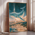 a large, colorful painting of a whale flying over a cityscape, with a starry night sky in the background.
