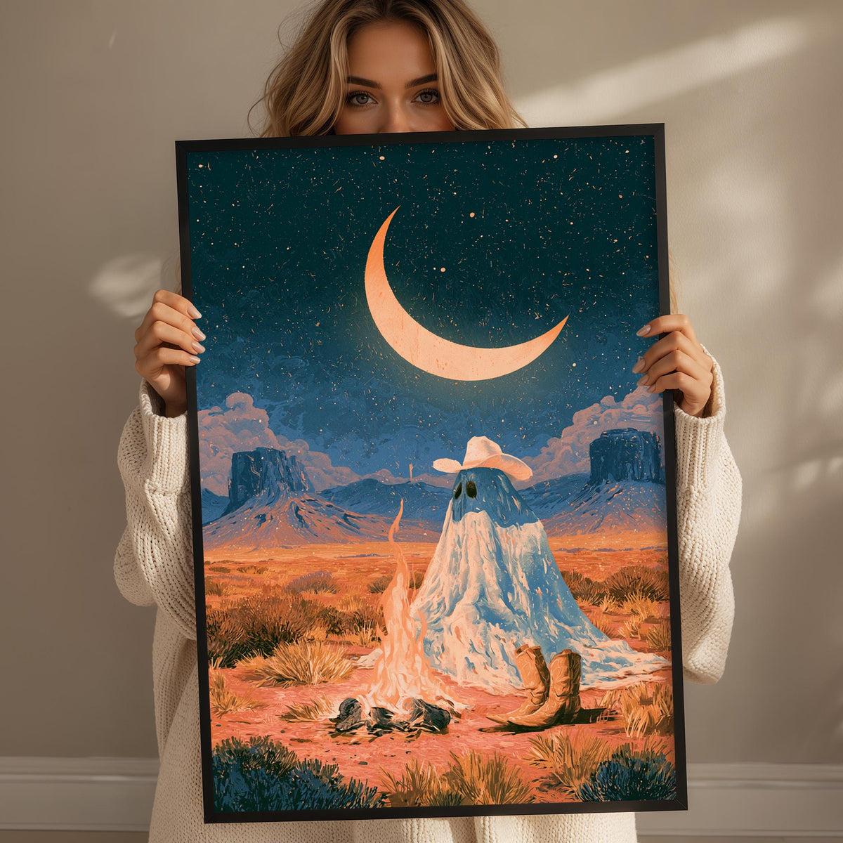 A woman holds up a framed painting depicting a desert landscape with a crescent moon, mountains, and a campfire.