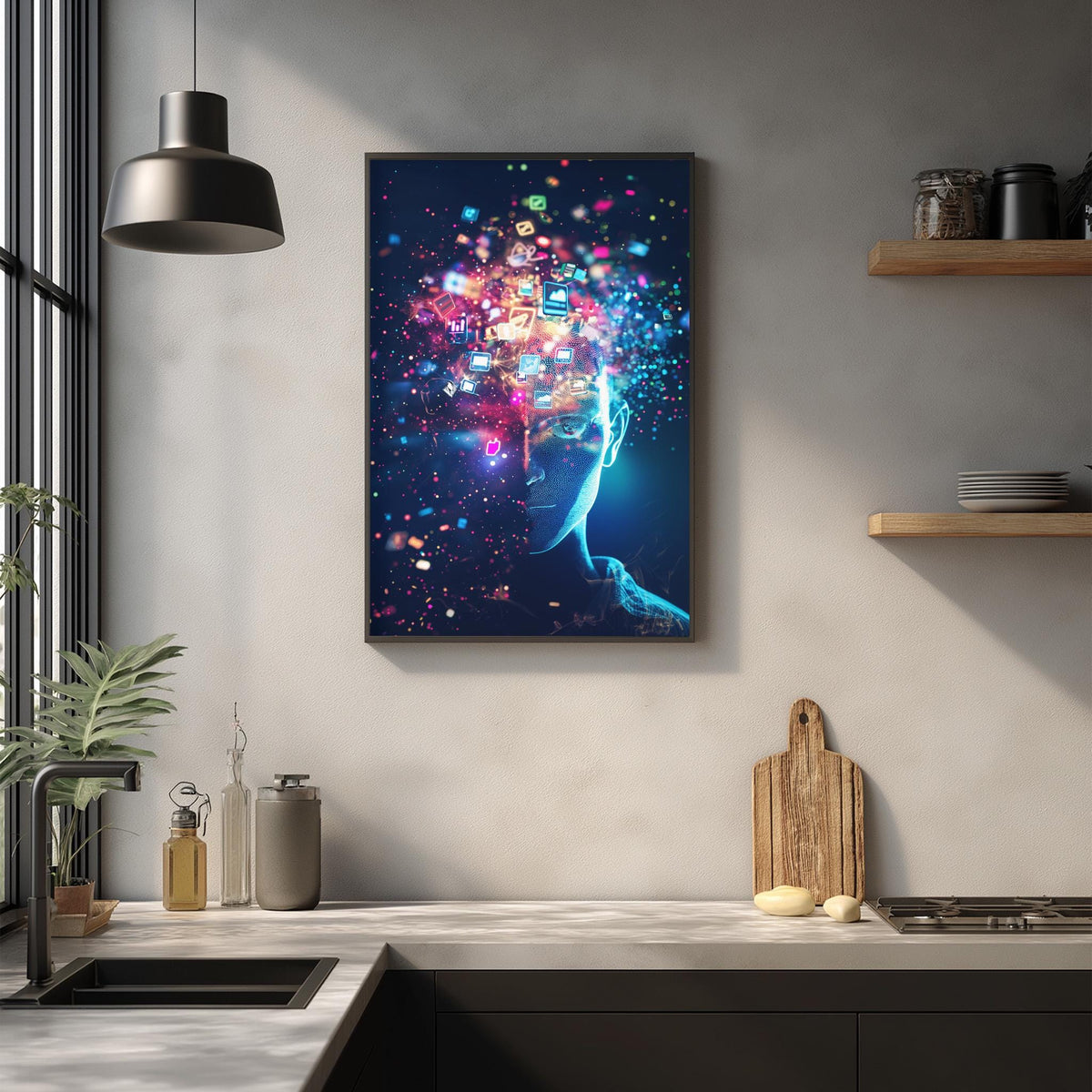 a modern kitchen with a large framed artwork depicting a futuristic face surrounded by colorful lights and patterns on the wall.