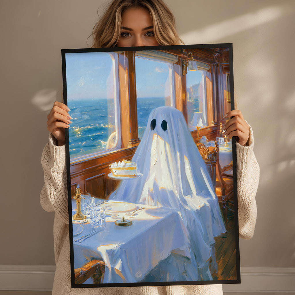 A woman holds up a framed painting depicting a ghost in a dining room with a view of the ocean through a window.