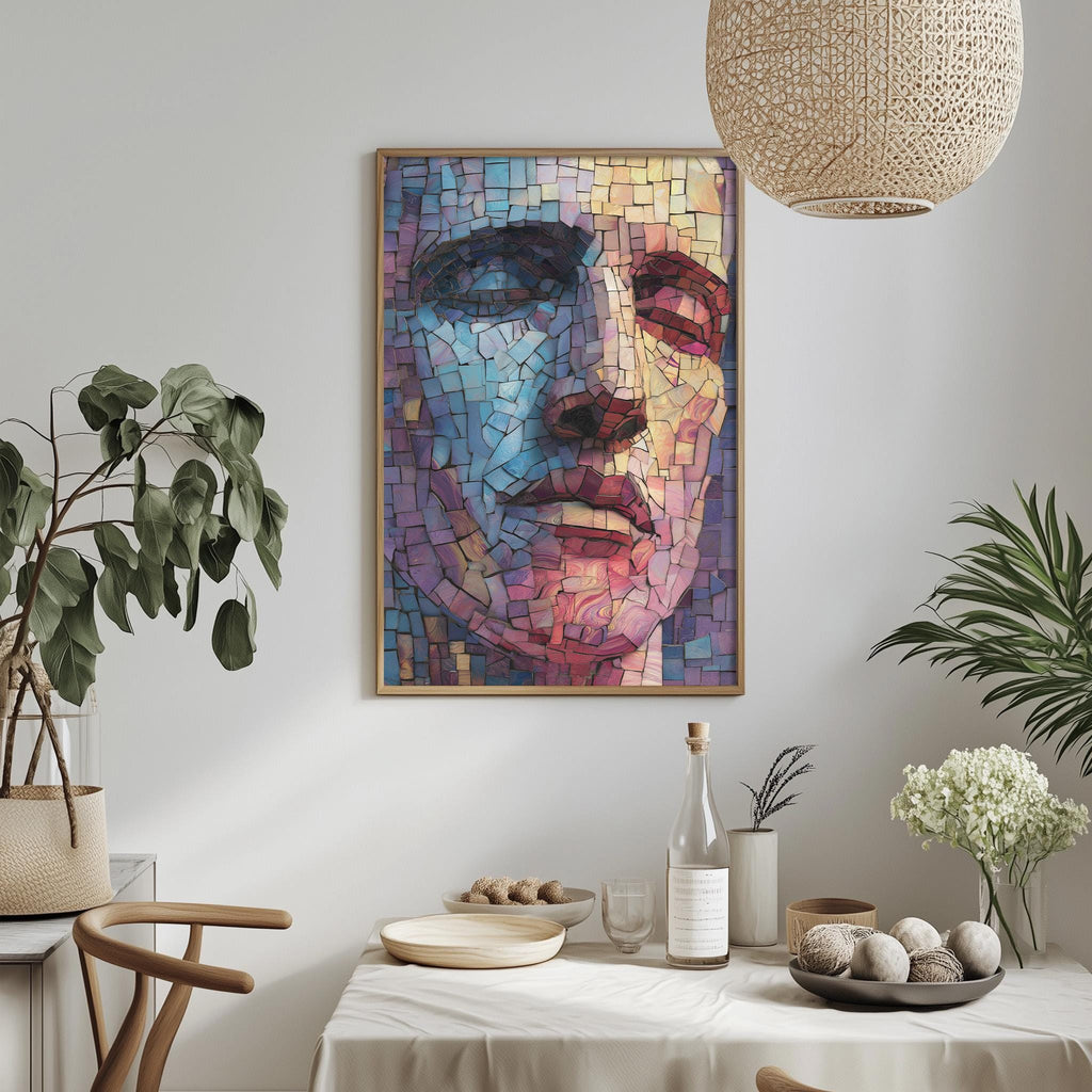 a dining table with a bowl of fruit, a bottle, and a vase of flowers, along with a framed mosaic portrait hanging on the wall above the table.