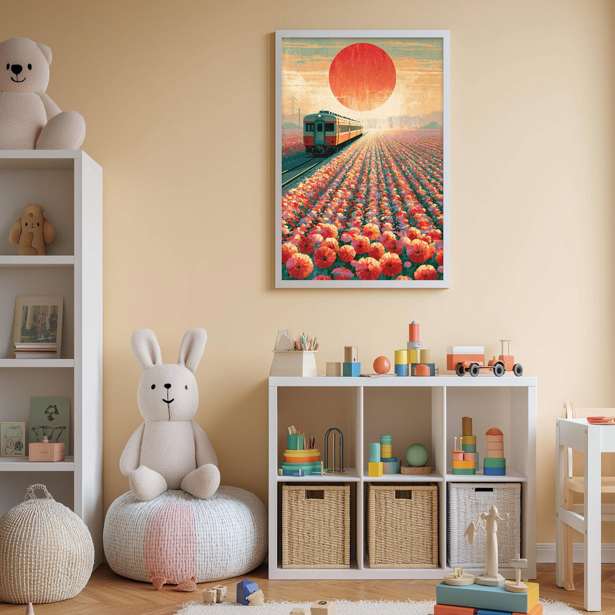 A cozy children's room with a large stuffed bunny, a bookshelf, and a colorful painting of a train traveling through a field of flowers.