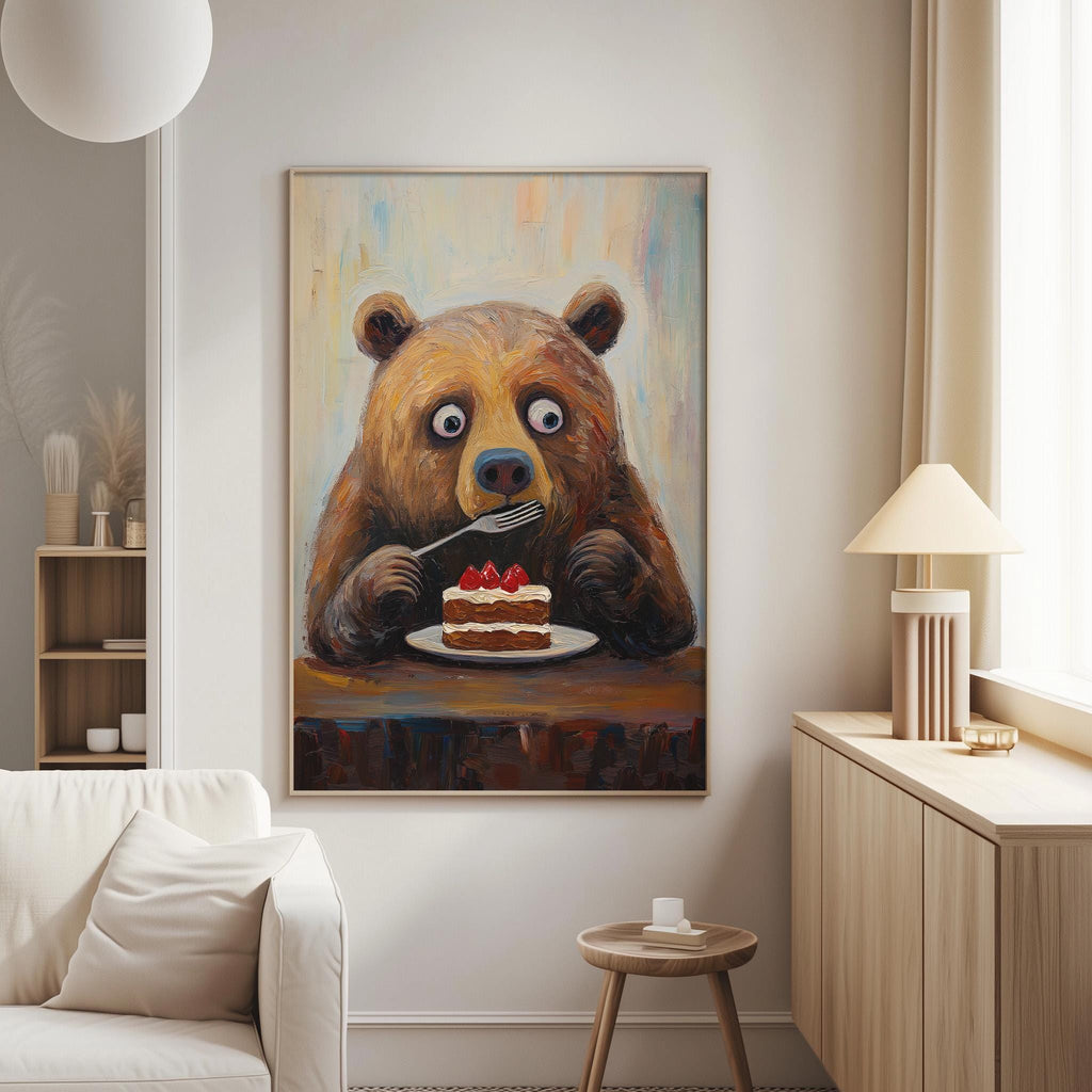 a large painting of a bear sitting at a table and eating a piece of cake.