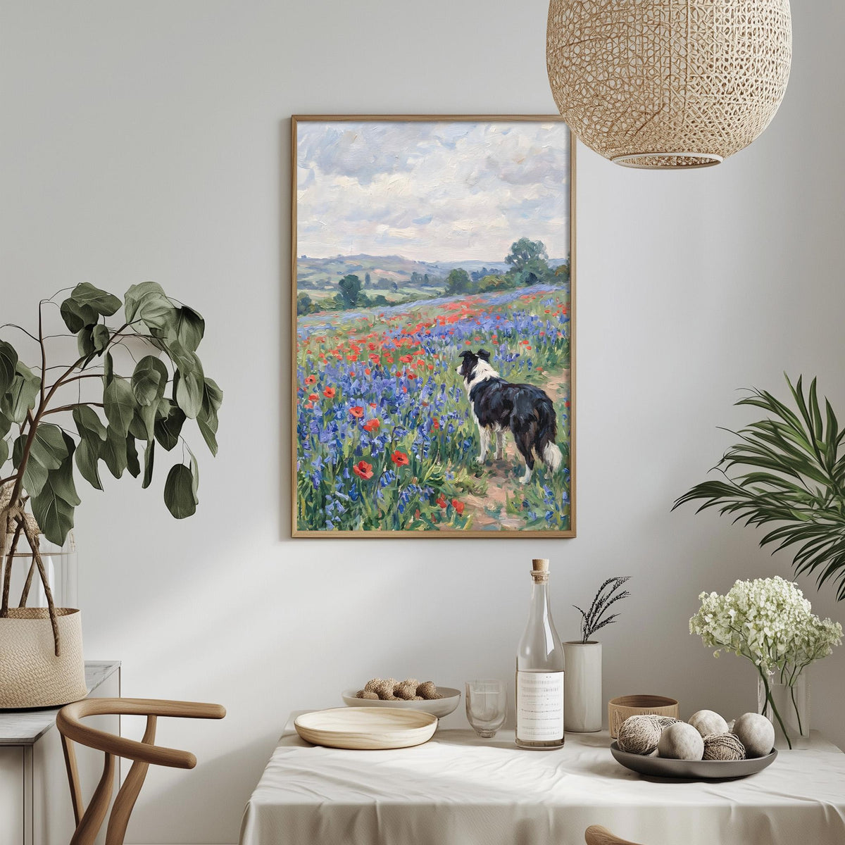 a framed painting of a dog standing in a field of flowers, with a dining table and chairs in the foreground.