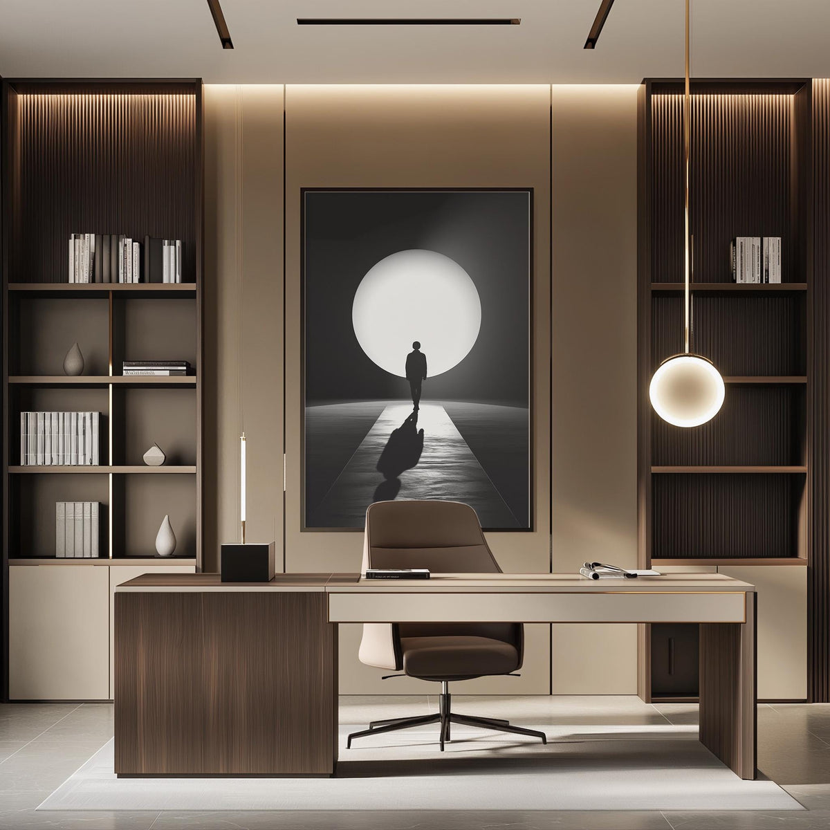 a modern and minimalist office space with a desk, chair, and bookshelves. The desk has a large, circular light fixture above it, and a framed image of a person walking on a path is displayed on the wall.