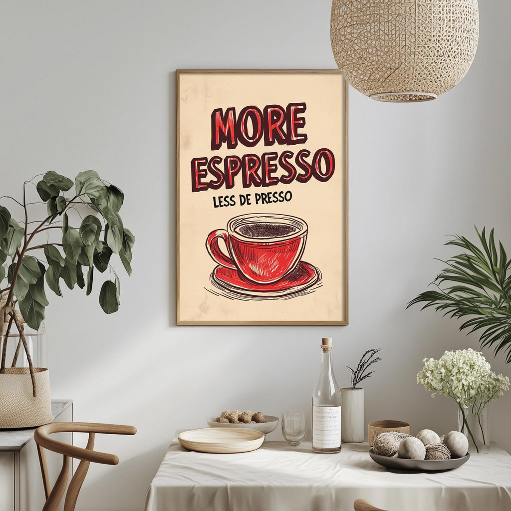 a framed poster with the text "MORE ESPRESSO LESS DE PRESSO" hanging on a wall above a dining table with various items on it.