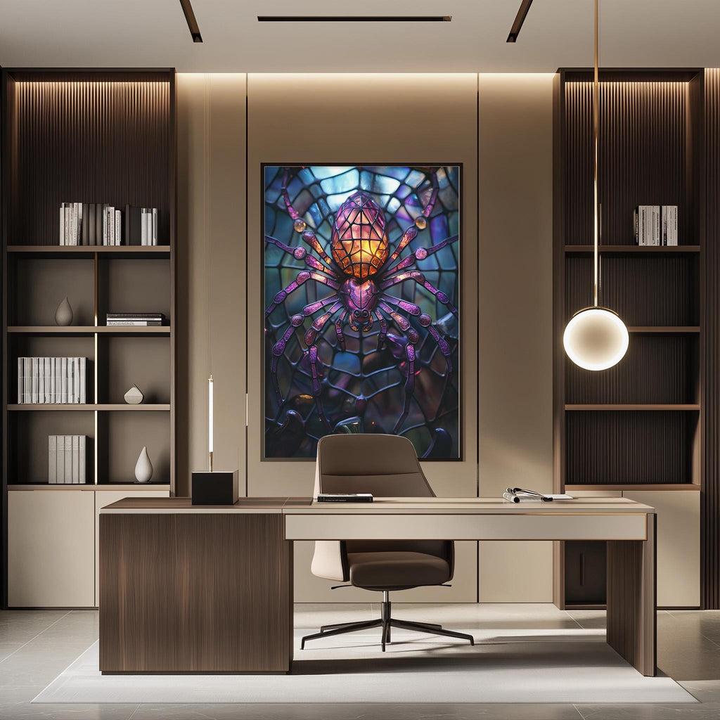a modern and stylish office space with a large, colorful stained glass artwork hanging on the wall behind a desk. The desk is positioned in front of the artwork, creating a focal point in the room. The office also features built-in bookshelves and a pendant light, contributing to the overall contemporary design.