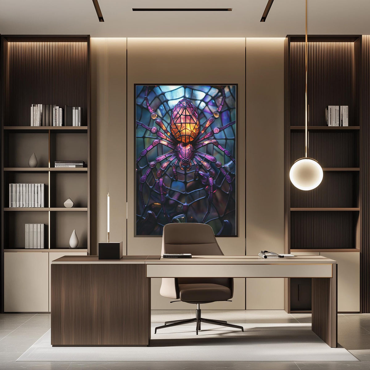 a modern and stylish office space with a large, colorful stained glass artwork hanging on the wall behind a desk. The desk is positioned in front of the artwork, creating a focal point in the room. The office also features built-in bookshelves and a pendant light, contributing to the overall contemporary design.
