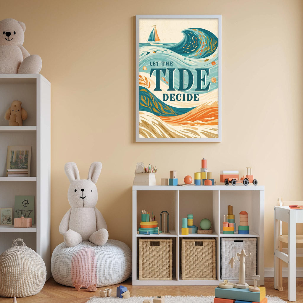A child's bedroom with a large poster of a wave on the wall, a stuffed rabbit, a toy shelf, and a toy train.
