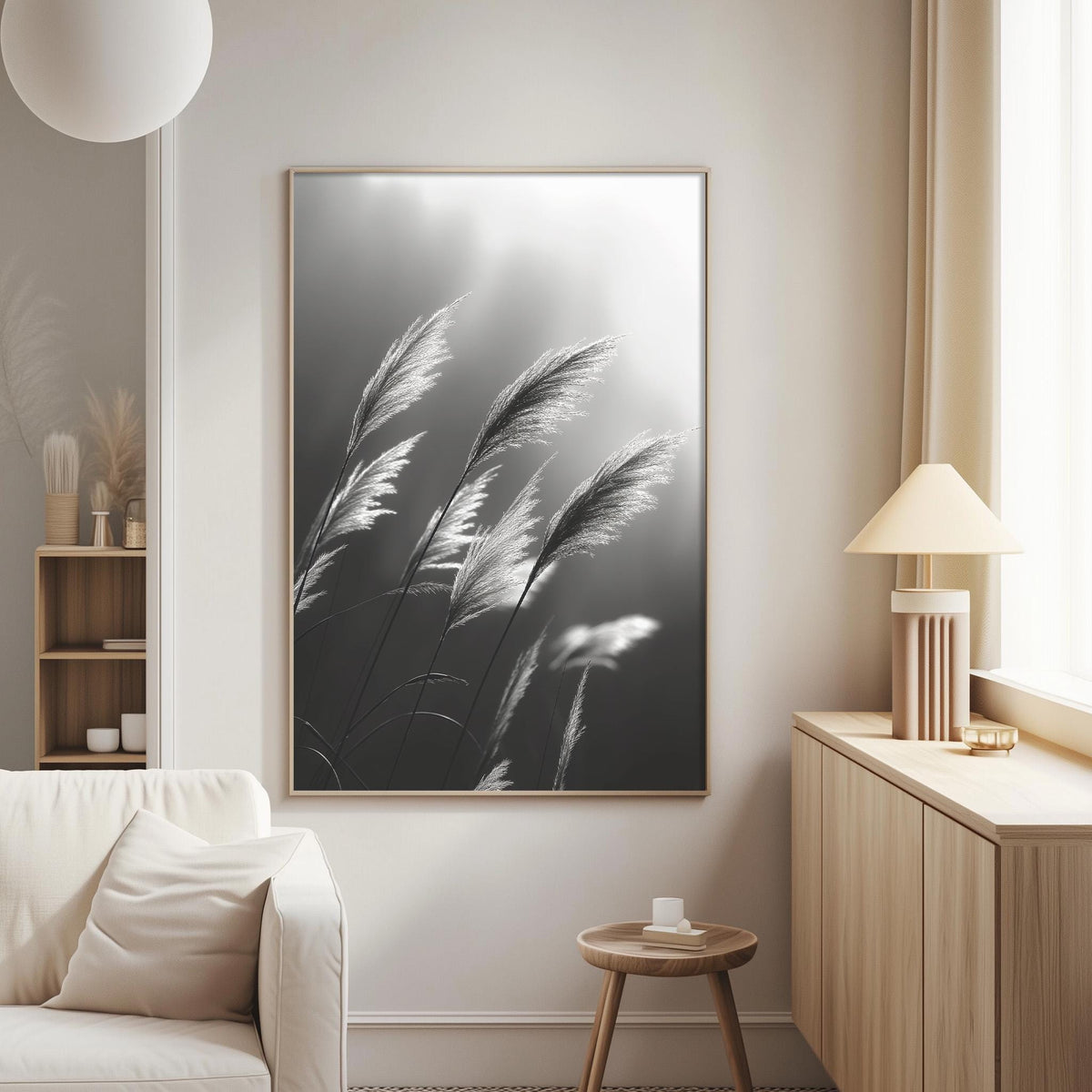 a serene living room with a large black and white photograph of swaying grass or reeds hanging on the wall, creating a calming and natural atmosphere.