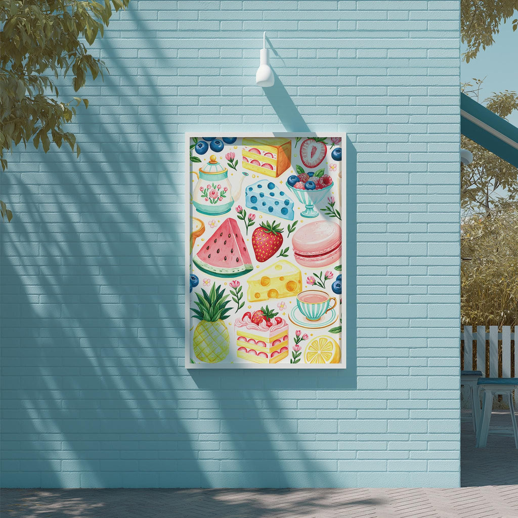 A vibrant and colorful poster featuring various desserts and fruits, such as cakes, watermelon, strawberries, and pineapples, is displayed on a light blue brick wall.
