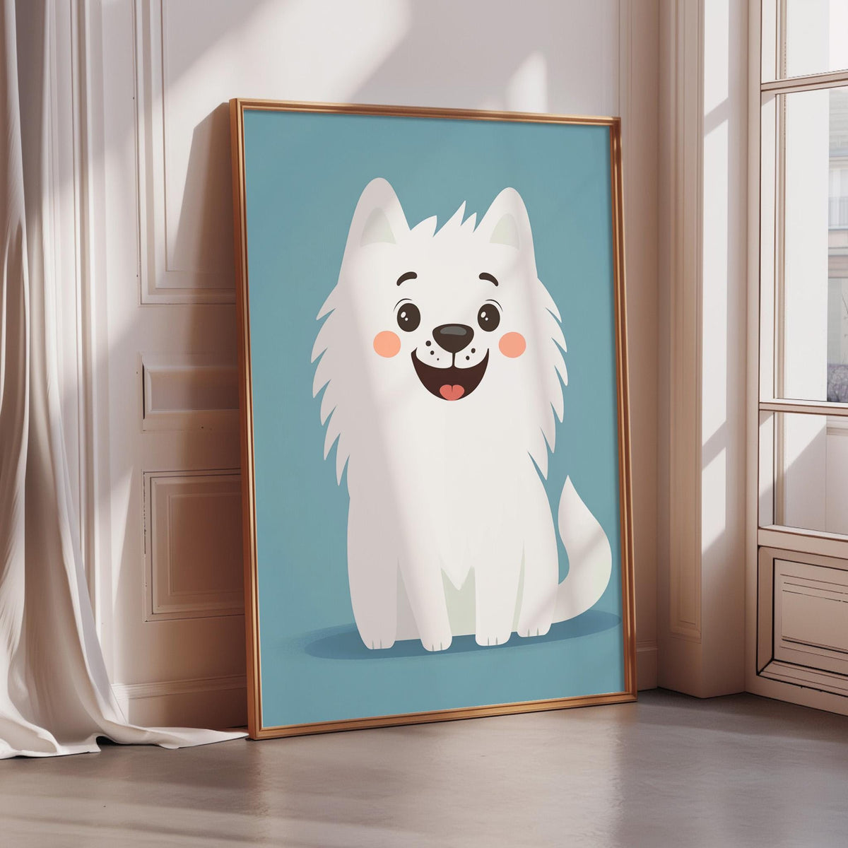 A framed illustration of a smiling white dog is displayed on a wall in a room with a window.