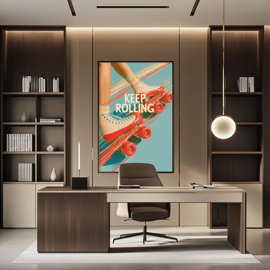 a modern office space with a desk, chair, and a large poster on the wall that says "KEEP ROLLING".