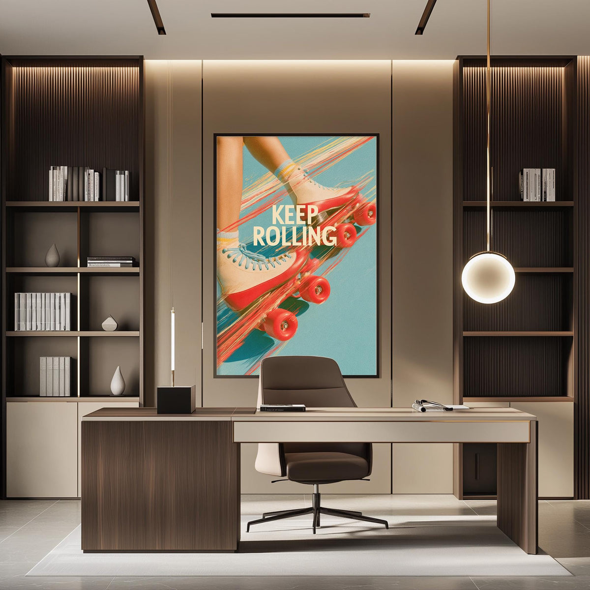 a modern office space with a desk, chair, and a large poster on the wall that says "KEEP ROLLING".