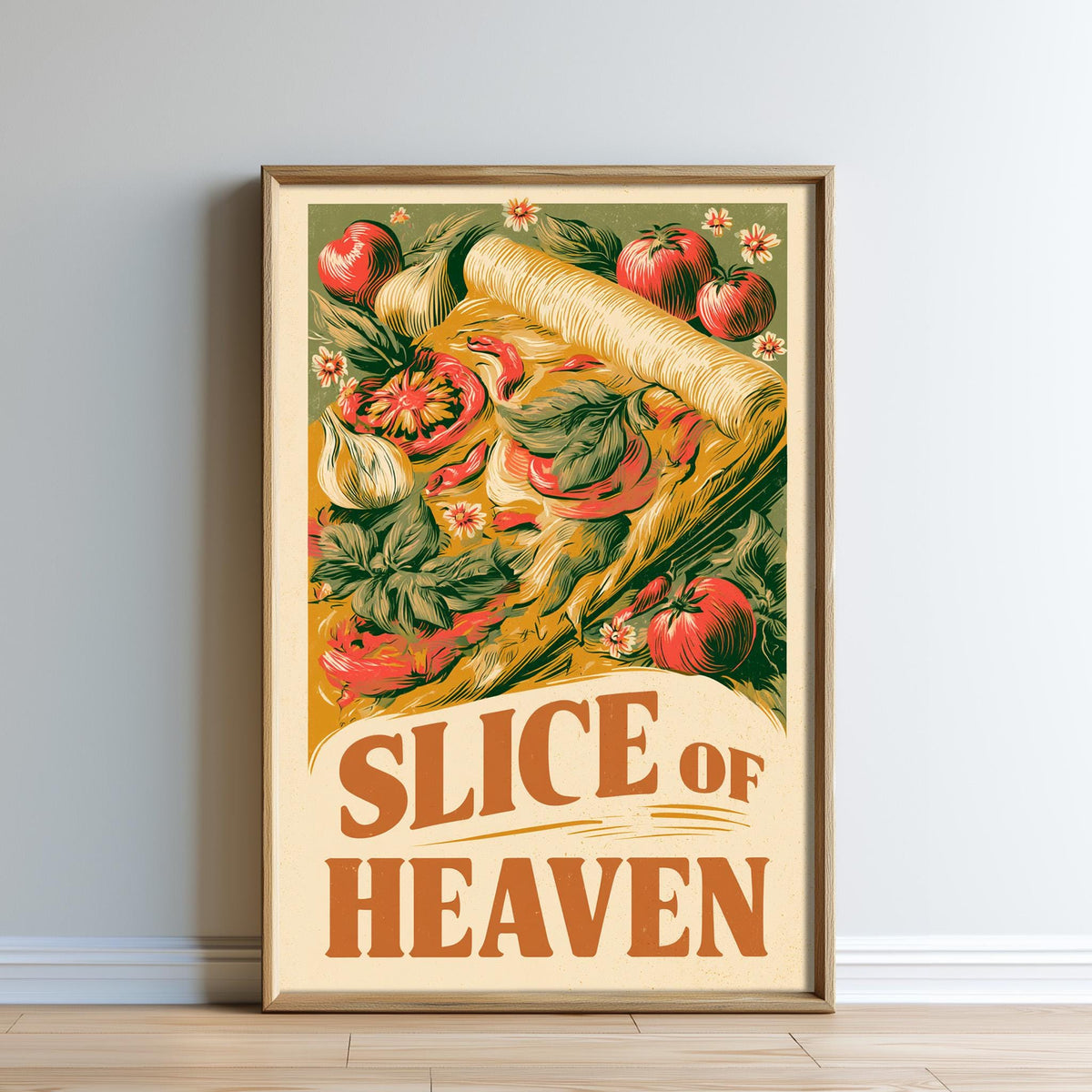 The image is a framed poster with a vibrant illustration of a slice of pizza surrounded by various fruits and vegetables. The text "SLICE of HEAVEN" is prominently displayed on the poster.