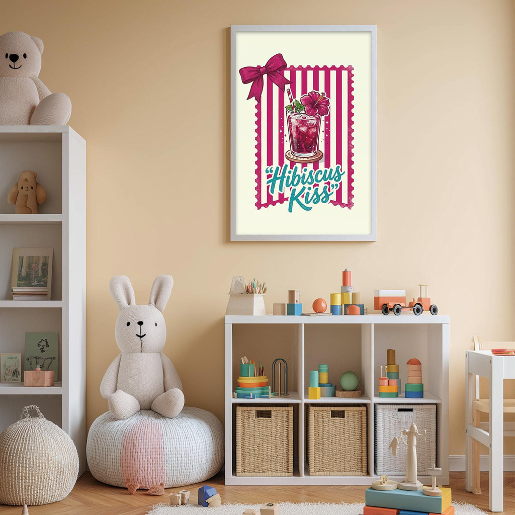 A child's bedroom with a white bookshelf, a stuffed rabbit, and a colorful poster on the wall. The poster features a red and pink striped border and the text "Hibiscus Kiss".