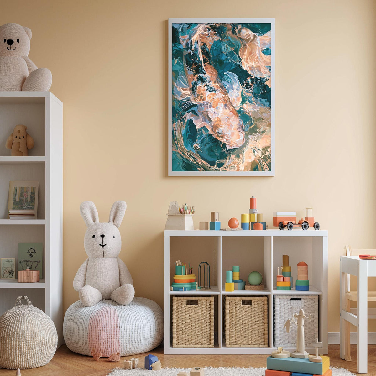 A cozy and colorful children's bedroom with a large abstract painting on the wall, a white bookshelf filled with toys, and a plush rabbit sitting on a bean bag chair.