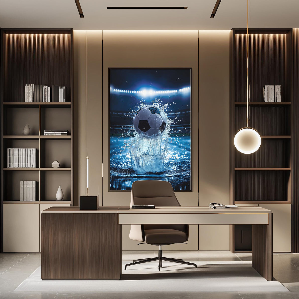 a modern office space with a large framed picture of a soccer ball on the wall, creating a dynamic and energetic atmosphere. The office has a wooden desk, a comfortable chair, and a bookshelf filled with books, creating a well-organized and functional workspace.