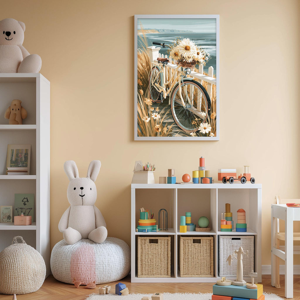 A cozy children's room with a bicycle, stuffed animals, and storage bins filled with toys.