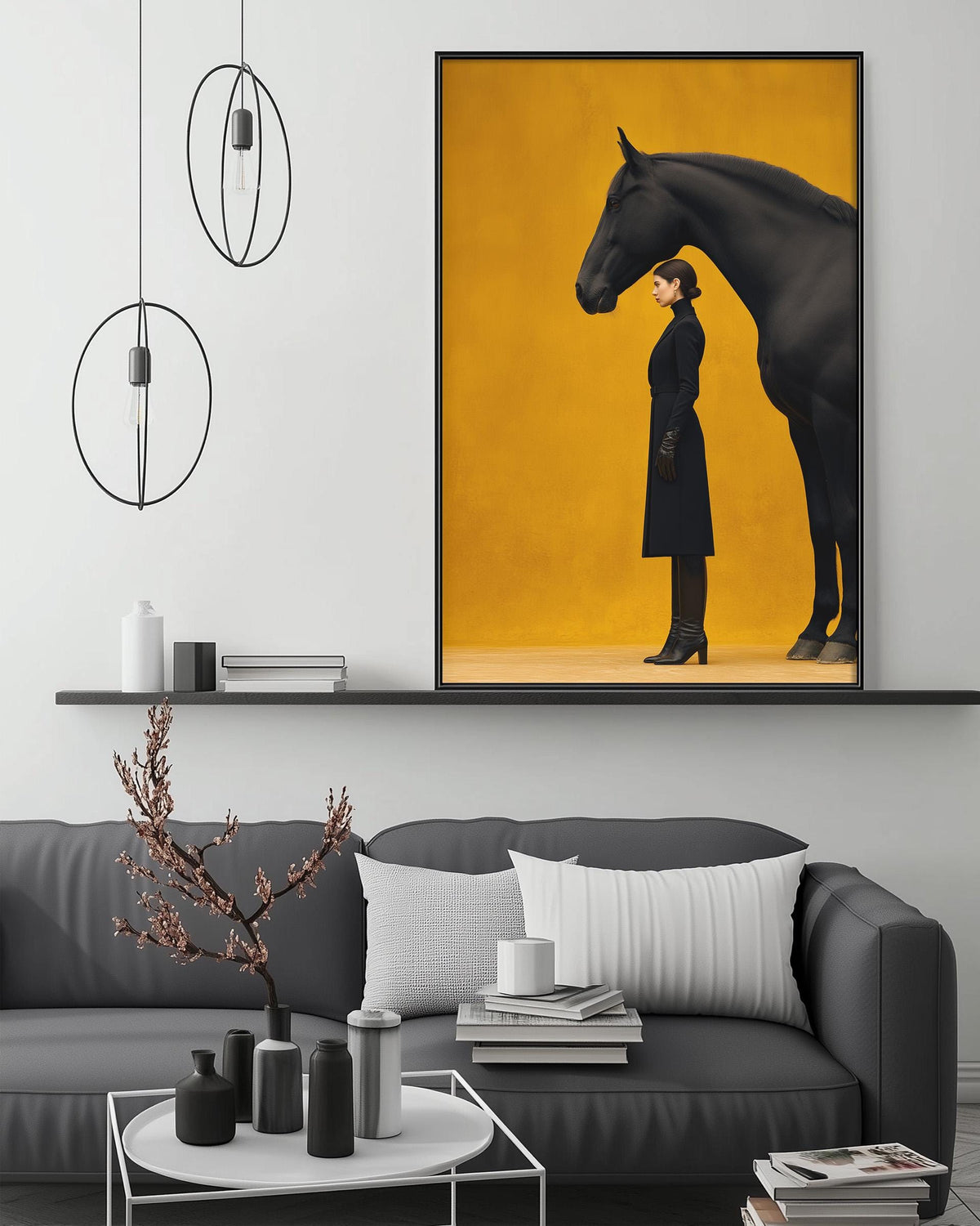 a woman standing next to a black horse, with a large framed picture of the horse above them on the wall.