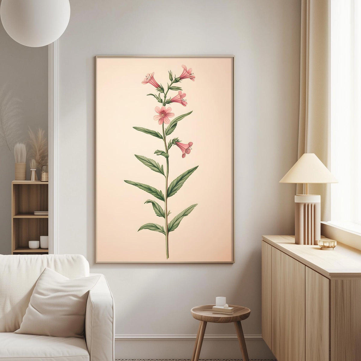 a living room with a large framed print of a pink flower on the wall, a white sofa, a wooden side table, and a lamp.