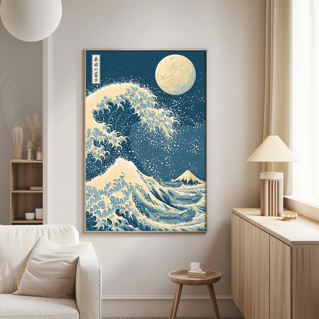 a large, framed artwork depicting a large wave crashing against a mountain, with a full moon in the background. The artwork is hung on a wall in a living room setting, with a white couch and a small table nearby.