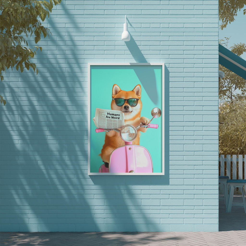 A poster of a Shiba Inu dog wearing sunglasses and holding a newspaper, mounted on a blue brick wall.