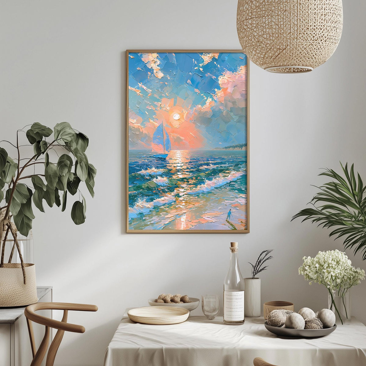 a dining table with a white tablecloth, a bowl of fruit, a bottle, and a vase with flowers. Above the table, there is a framed painting depicting a sailboat on the ocean at sunset.