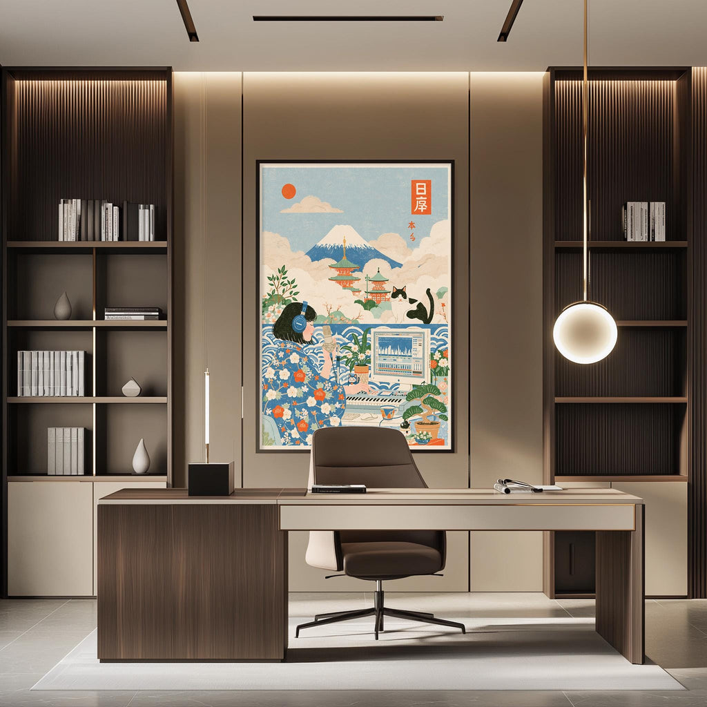 a modern office space with a large framed poster of a Japanese landscape on the wall, a wooden desk with a chair, and built-in bookshelves.
