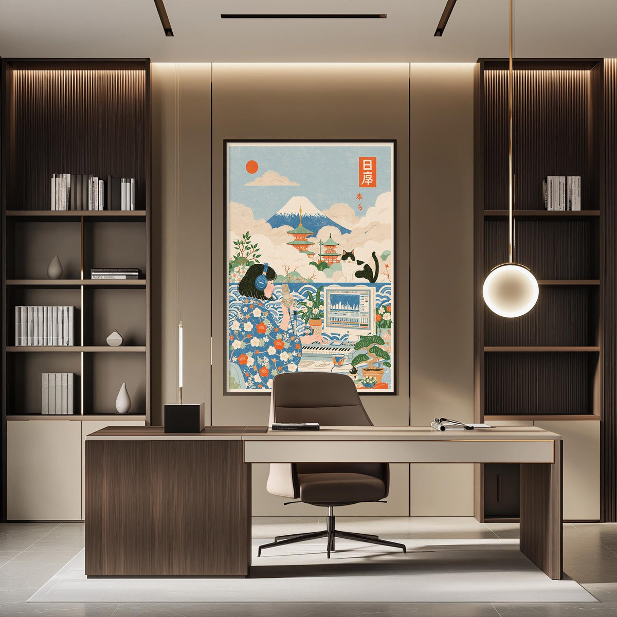 a modern office space with a large framed poster of a Japanese landscape on the wall, a wooden desk with a chair, and built-in bookshelves.