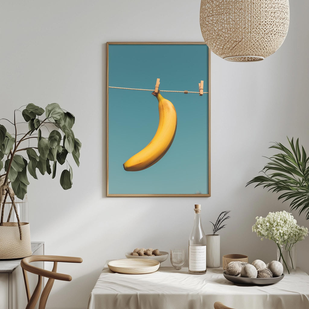 a dining table with a bowl of fruit, a bottle, and a vase of flowers, along with a framed picture of a banana hanging on a clothesline.