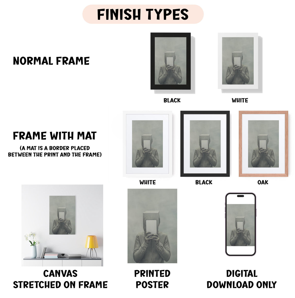 various types of artwork, including a canvas stretched on a frame, a framed photograph, and a digital poster. The artwork is presented in different frame colors and styles, such as a normal frame, a black frame, a white frame, and an oak frame. The artwork is also described as a canvas stretched on a frame, a printed poster, and a digital download only. The image is a collage of multiple images, and the text provides information about the different types of artwork and their presentation.
