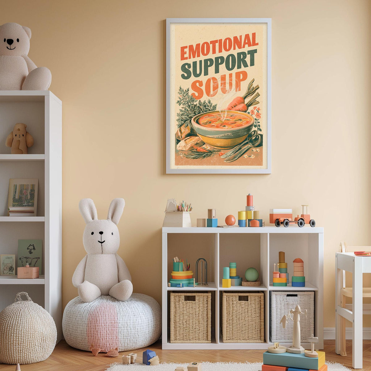 a child's bedroom with a white bookshelf, a stuffed rabbit, and a framed poster on the wall. The poster has an illustration of a bowl of soup and the text "Emotional Support Soup" written on it.
