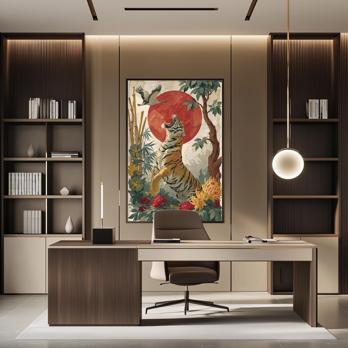 a modern office space with a large framed painting of a tiger on the wall, a wooden desk with a chair, and built-in bookshelves.