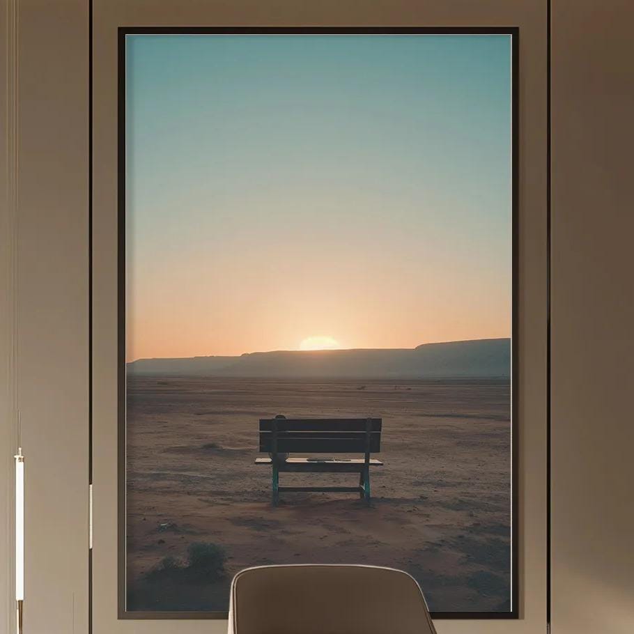 a modern and minimalist office space with a large window that offers a view of a desert landscape at sunset. The office features a wooden desk, a comfortable-looking chair, and a large framed picture of a desert scene. The room is well-lit, with a pendant light hanging above the desk and a bookshelf filled with books and decorative items.