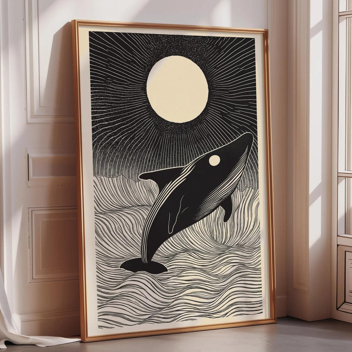 a large framed artwork depicting a whale jumping out of the ocean, with a large moon in the background.