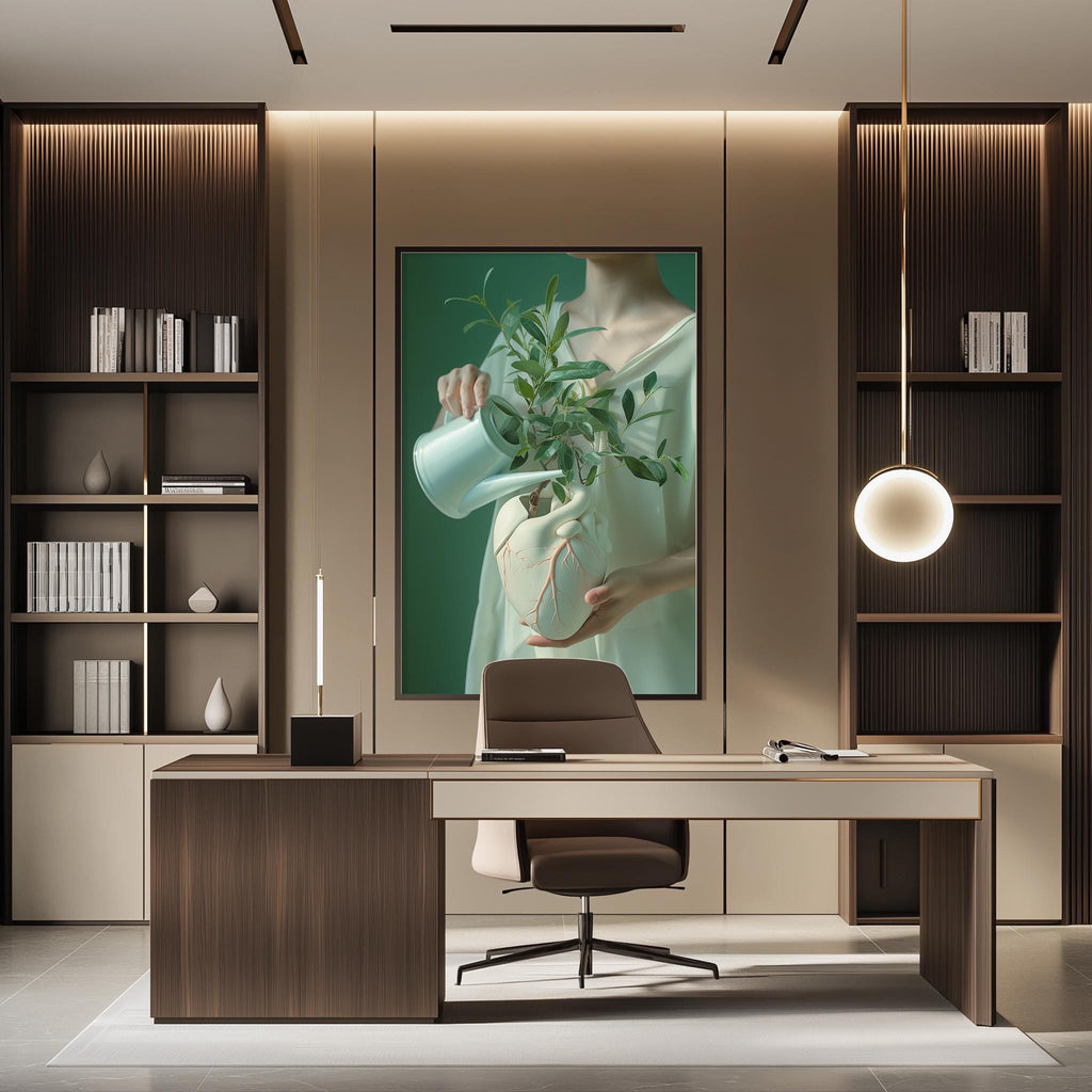 a modern and minimalist office space with a large framed artwork of a woman holding a plant on the wall. The office features a wooden desk, a comfortable chair, and a bookshelf filled with books. The overall design and decor create a serene and organized atmosphere.