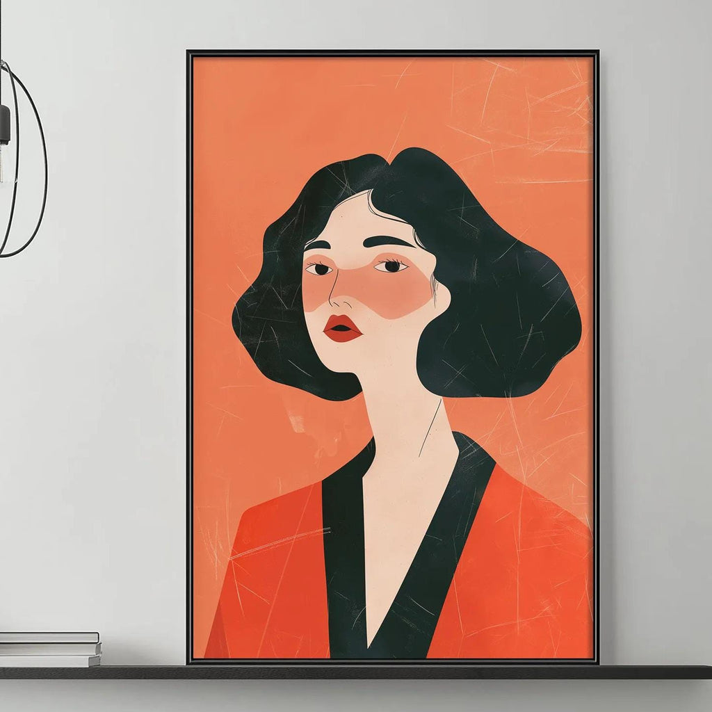 a modern living room with a gray sofa, a coffee table, and a large framed illustration of a woman in an orange outfit. The room has a minimalist and stylish design, with a black and white color scheme and a few decorative elements such as a potted plant and a stack of books.