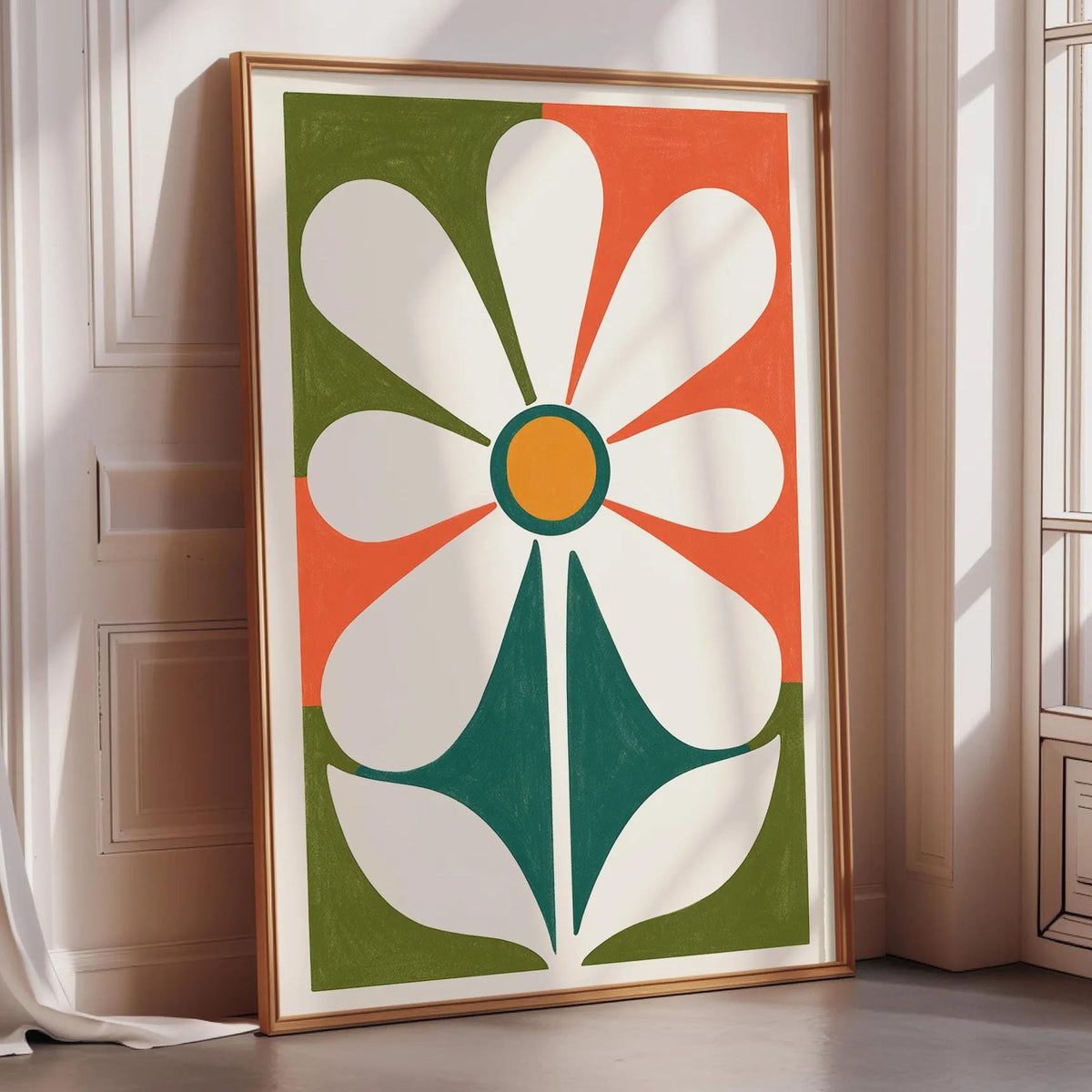 a large, colorful abstract painting of a flower with a green stem and white petals, displayed on a wall in a room with a window.