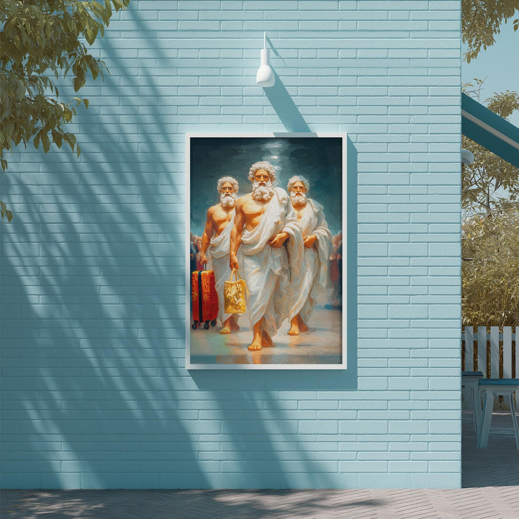 a painting of three men in white robes, each holding a golden object, set against a blue brick wall.