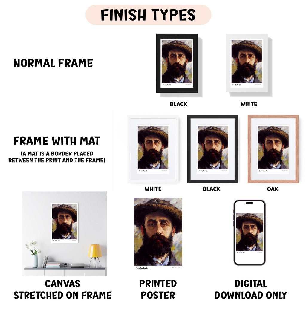 various types of artwork, including a portrait of a man, framed in different styles and colors. It also includes information about the finish types of the artwork, such as "NORMAL FRAME", "FRAME WITH MAT (A MAT IS A BORDER PLACED BETWEEN THE PRINT AND THE FRAME)", "WHITE", "BLACK", "OAK", and "DIGITAL DOWNLOAD ONLY".