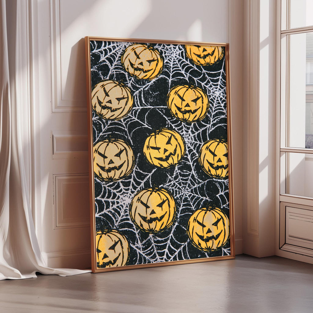 a Halloween-themed poster with a black and white spider web design and multiple jack-o-lanterns with carved faces.