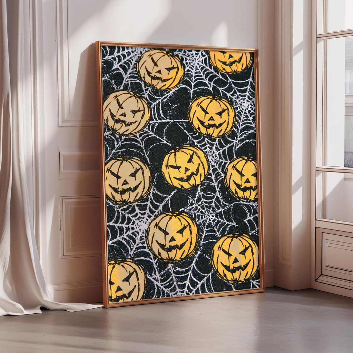 a Halloween-themed poster with a black and white spider web design and multiple jack-o-lanterns with carved faces.