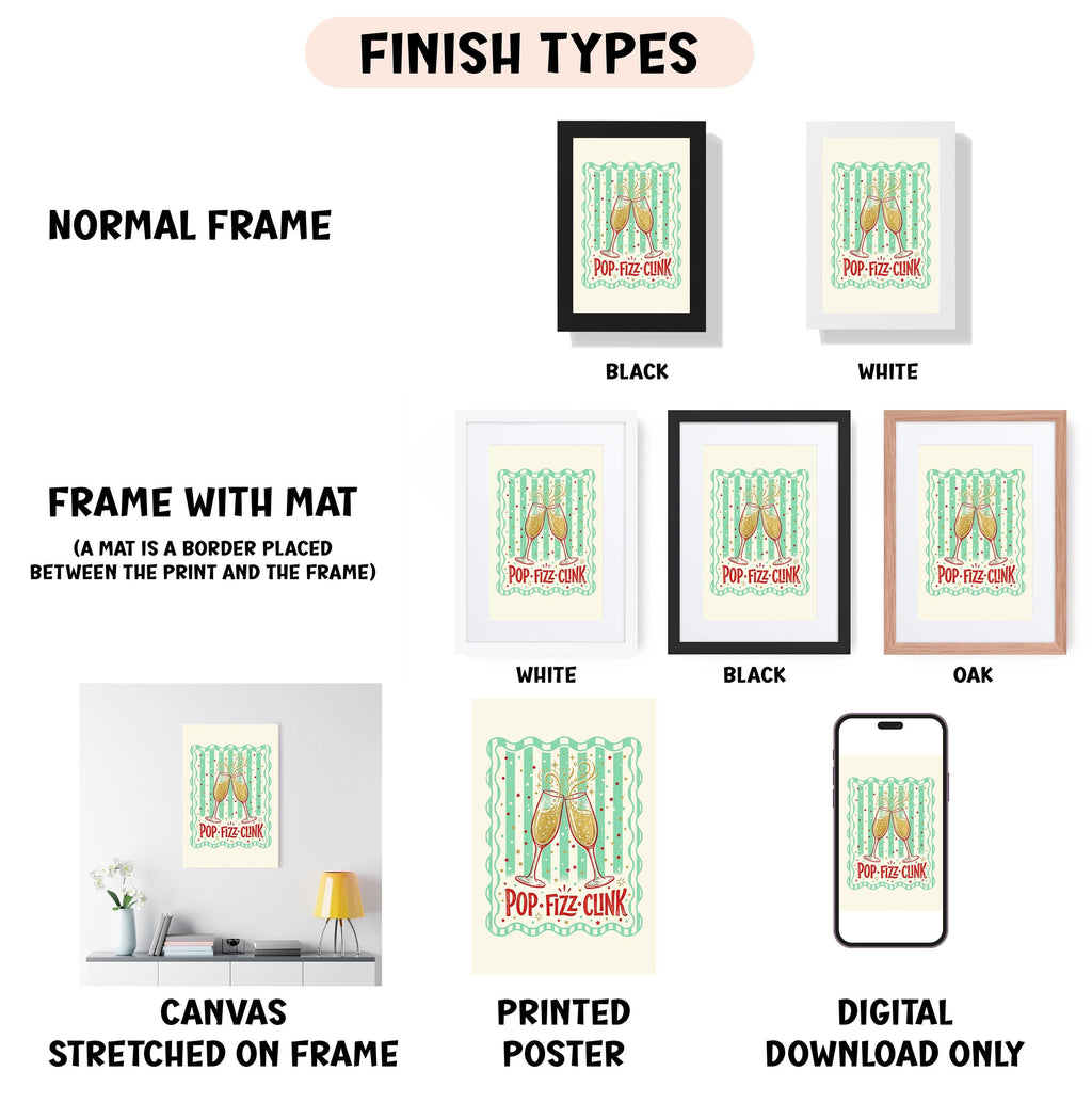 various types of artwork, including a canvas stretched on a frame, a framed poster, and a digital poster. The artwork is presented in different frame colors and styles, such as a normal frame, a black frame, a white frame, and a black frame. The artwork is labeled as "FINISH TYPES" and "NORMAL FRAME" to describe the different frame options.