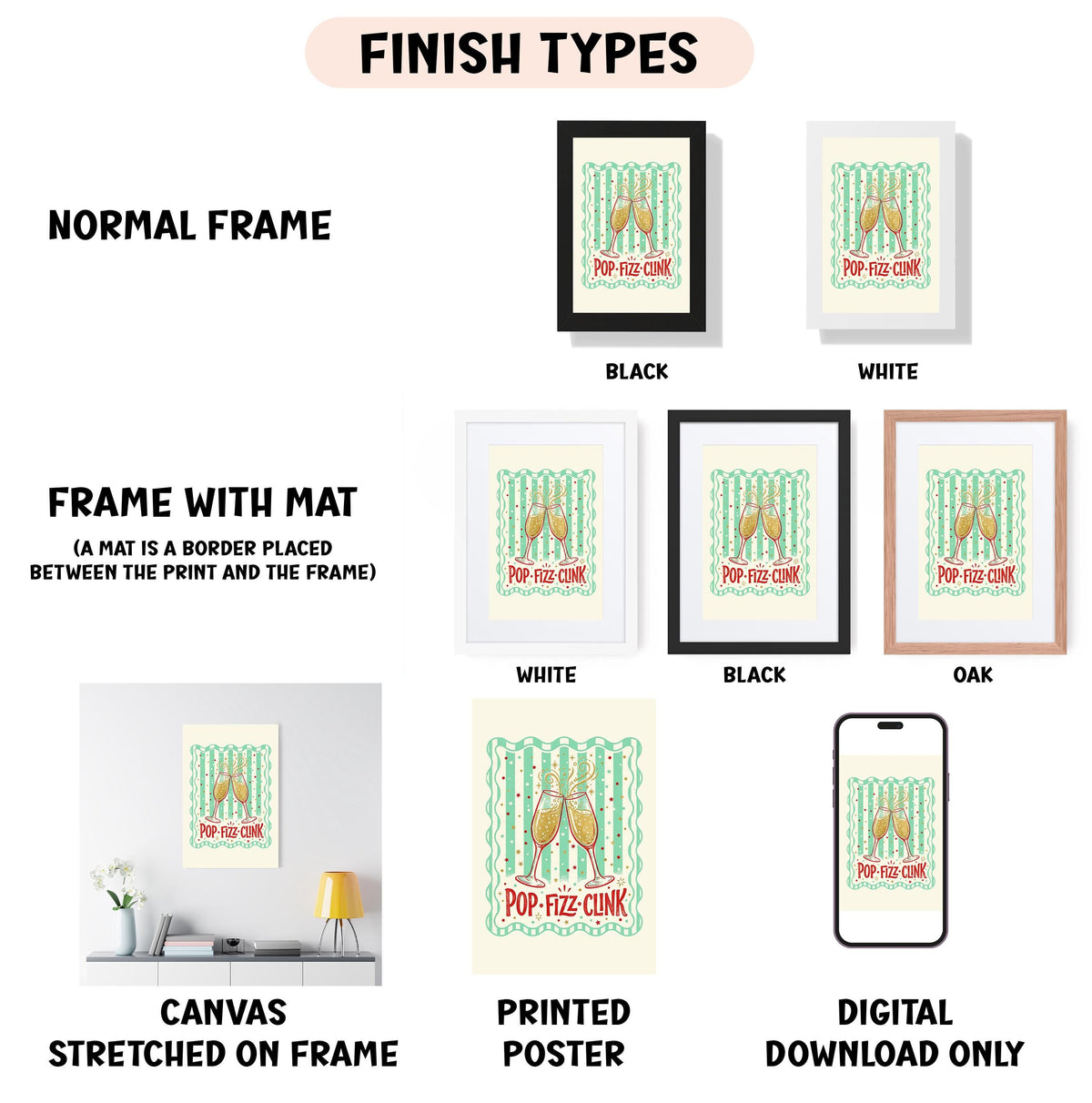 various types of artwork, including a canvas stretched on a frame, a framed poster, and a digital poster. The artwork is presented in different frame colors and styles, such as a normal frame, a black frame, a white frame, and a black frame. The artwork is labeled as "FINISH TYPES" and "NORMAL FRAME" to describe the different frame options.