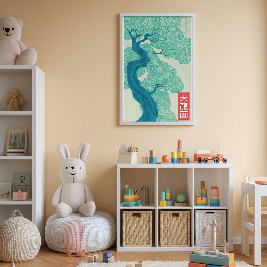 A cozy and colorful children's bedroom with a large tree-themed poster on the wall, a white bookshelf filled with toys, and a plush rabbit sitting on a bean bag chair.