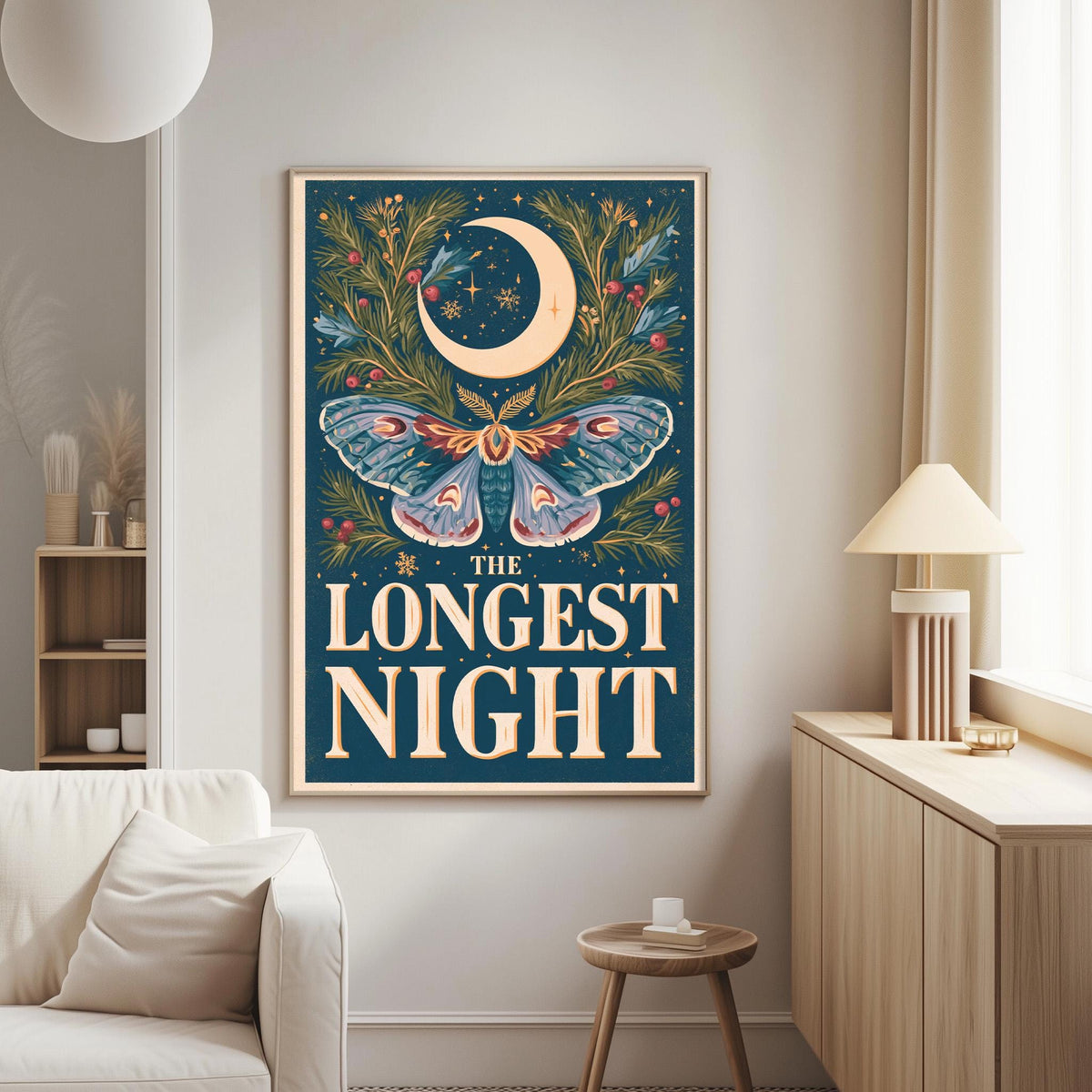 a large framed poster with a blue background and a crescent moon, surrounded by a floral design and a butterfly. The poster has the text "The LONESTYNIGHT" written on it.