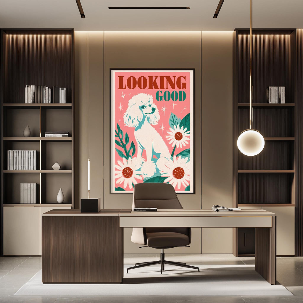 a modern office space with a large framed poster of a poodle on the wall, a wooden desk with a chair, and a bookshelf filled with books.