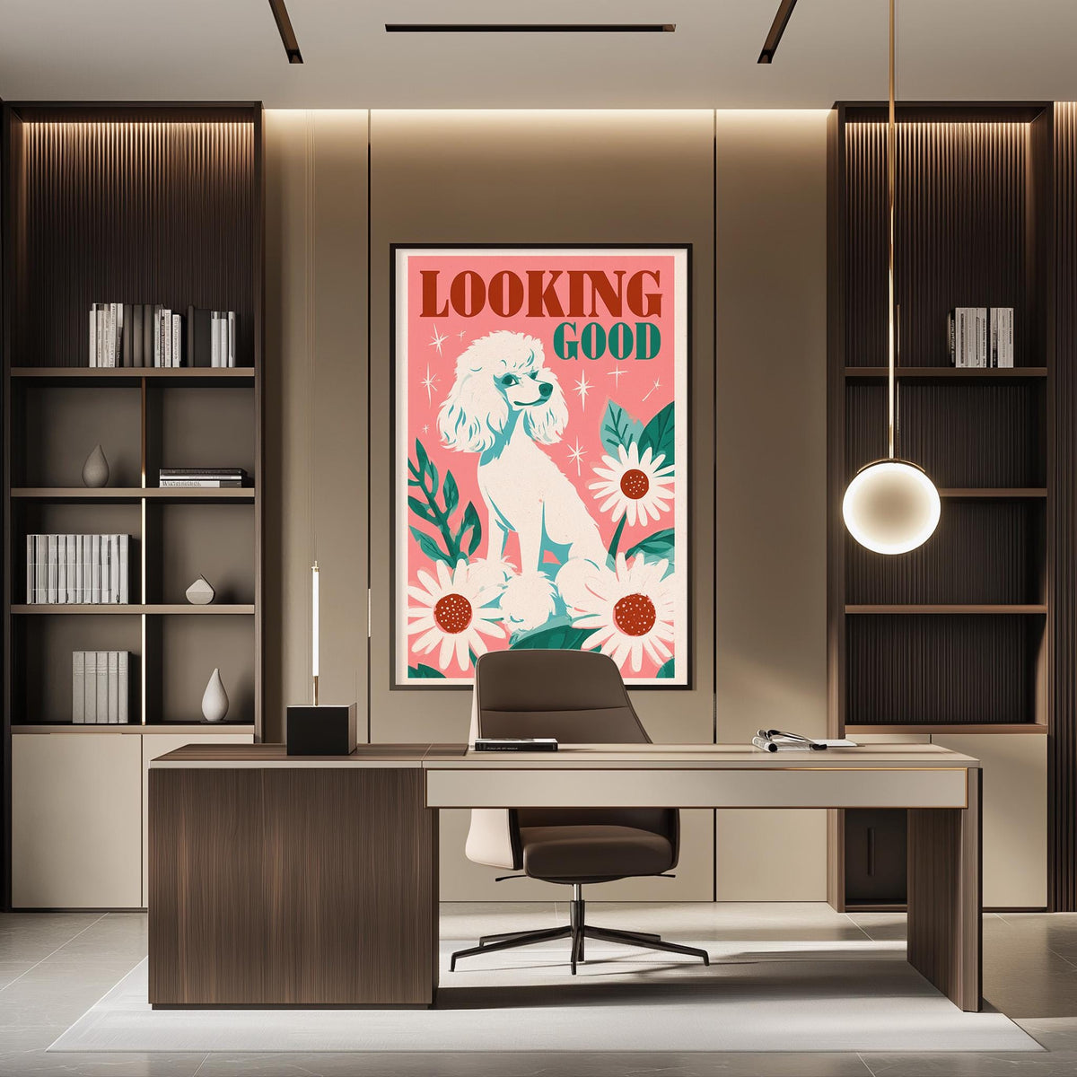 a modern office space with a large framed poster of a poodle on the wall, a wooden desk with a chair, and a bookshelf filled with books.